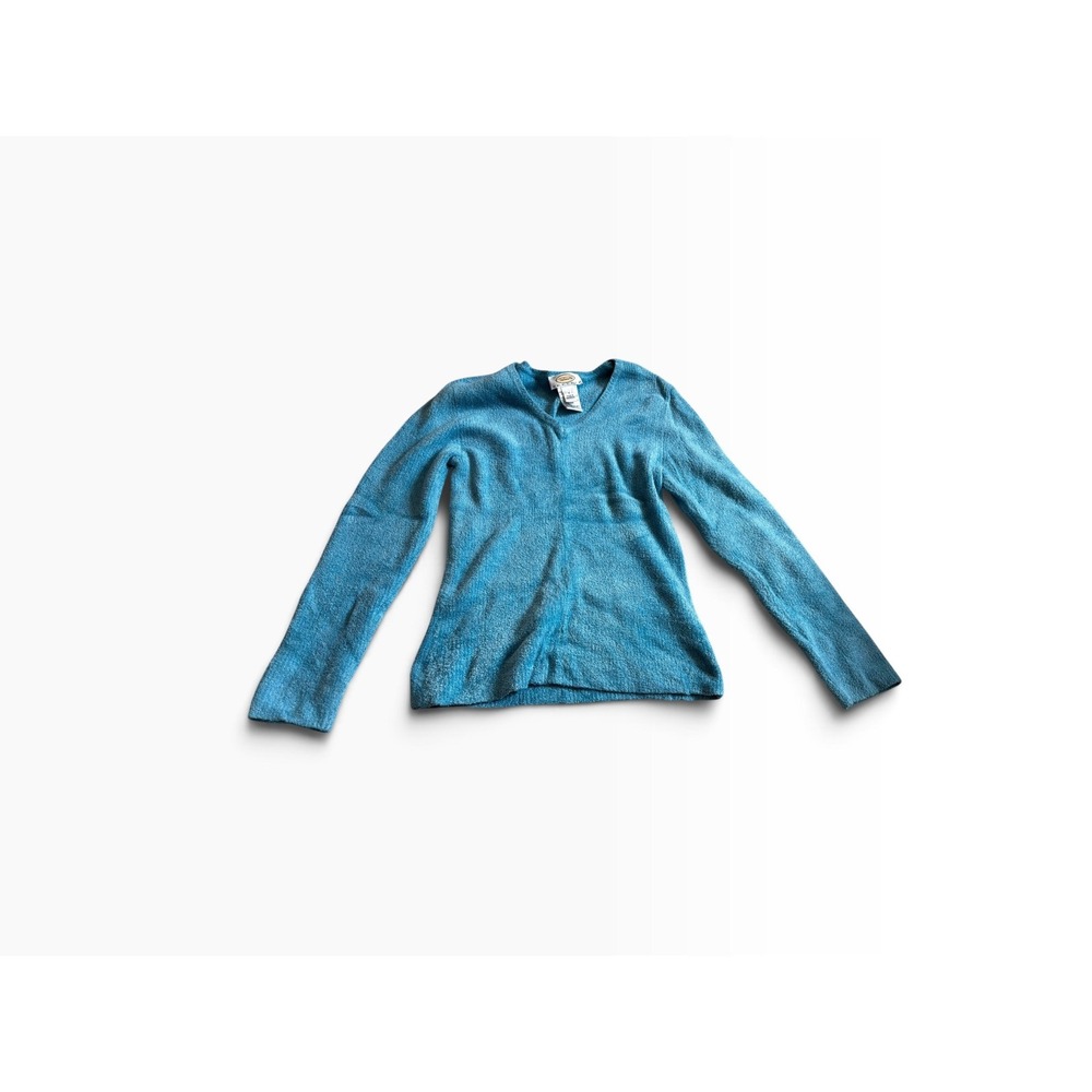 Talbots Petites Cardigan Sweater PS Blue Y2K Textured Bouclé Knit V-Neck